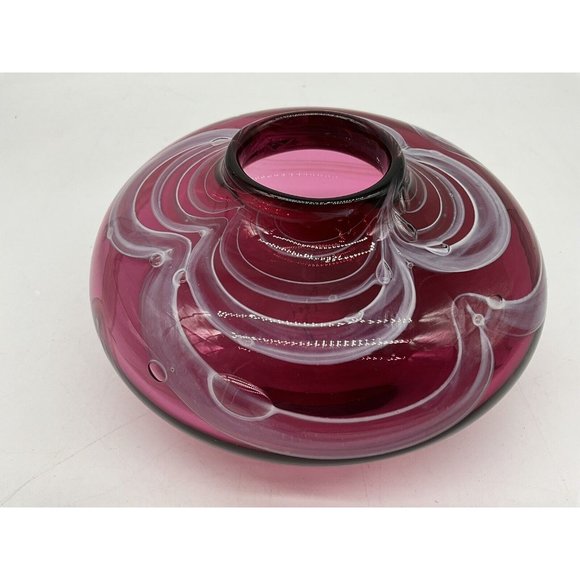 Hand Blown Gordon Redmond Cranberry with White Swirls Vase, Signed & Dated 1994 - Picture 12 of 16